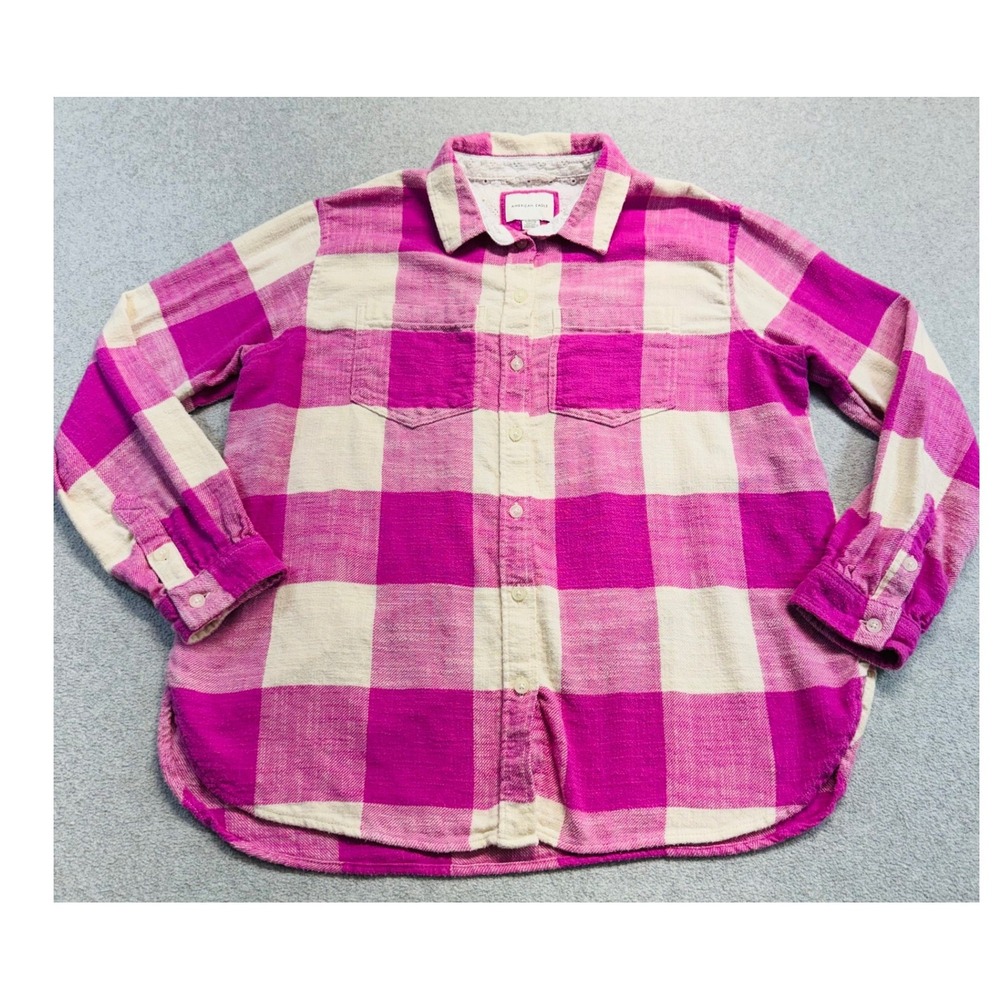 American Eagle Shirt Womens S Pink Cream Buffalo Plaid Oversized Cotton Flannel